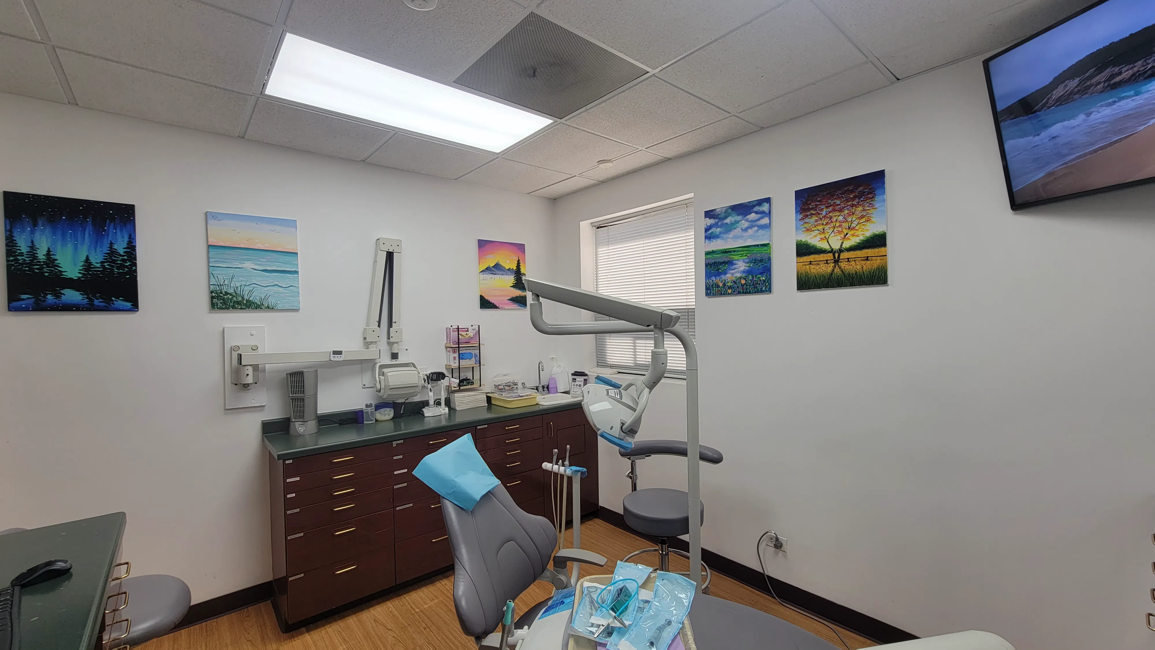 Treatment room with paintings and nature TV